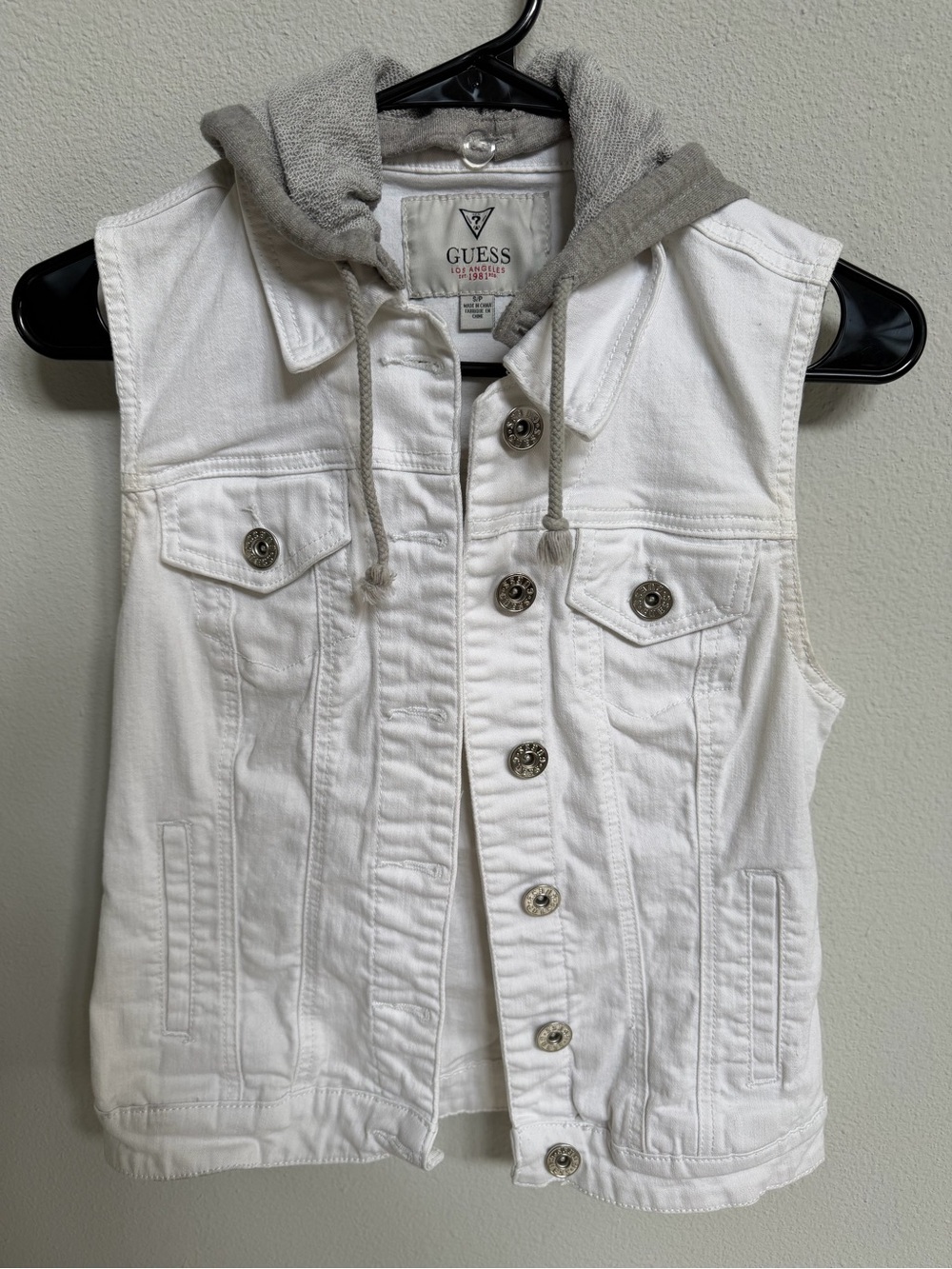 GUESS White Denim Vest with Removable Gray Hooded Liner